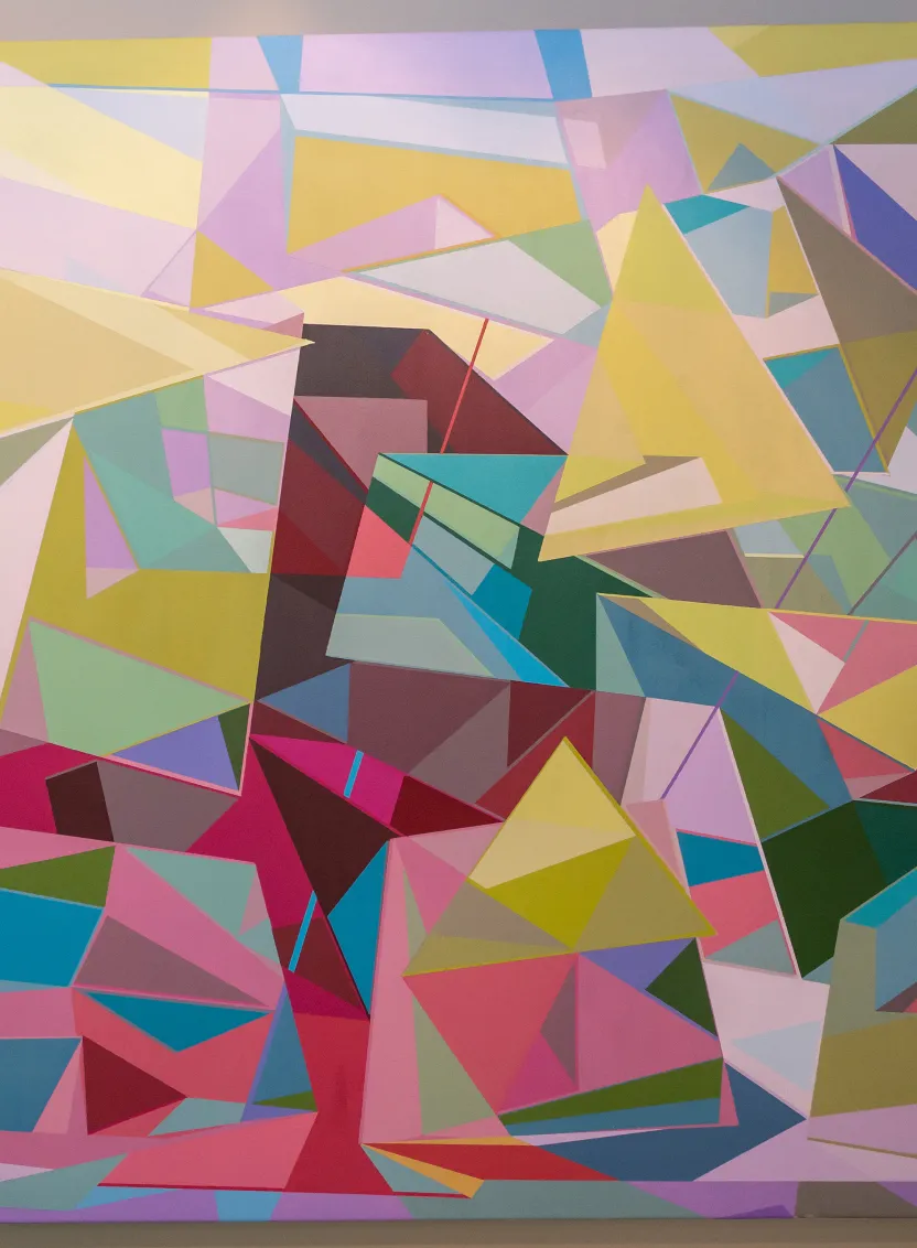 Abstract geometric painting with vibrant pastel and bold colors, featuring intersecting triangular shapes