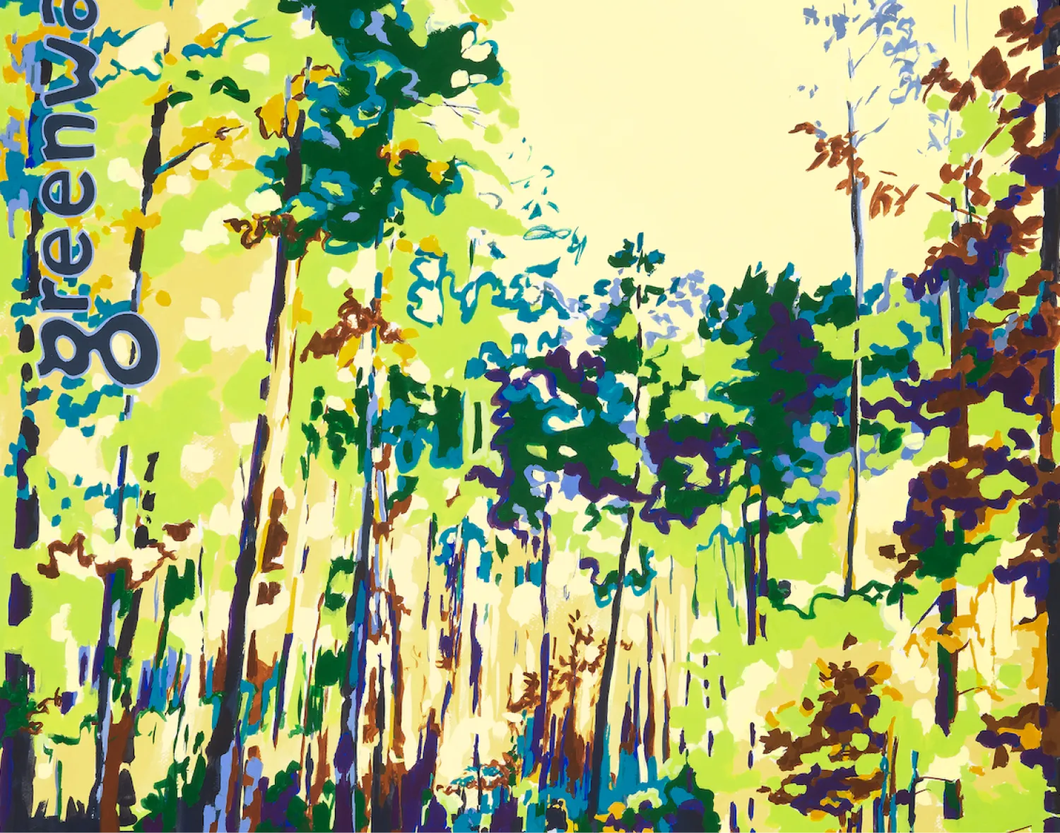 Modern nature-inspired artwork featuring tall trees and the word -greenway- vertical on the left.