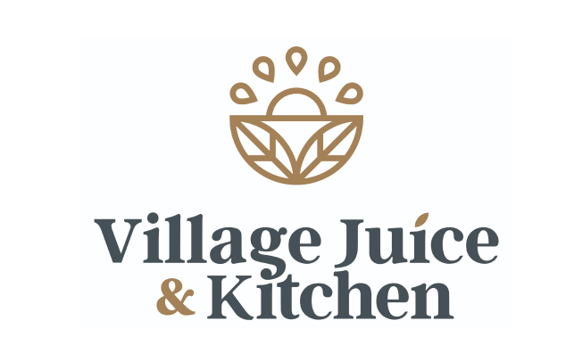 Village Juice and Kitchen logo featuring a golden plant-inspired emblem